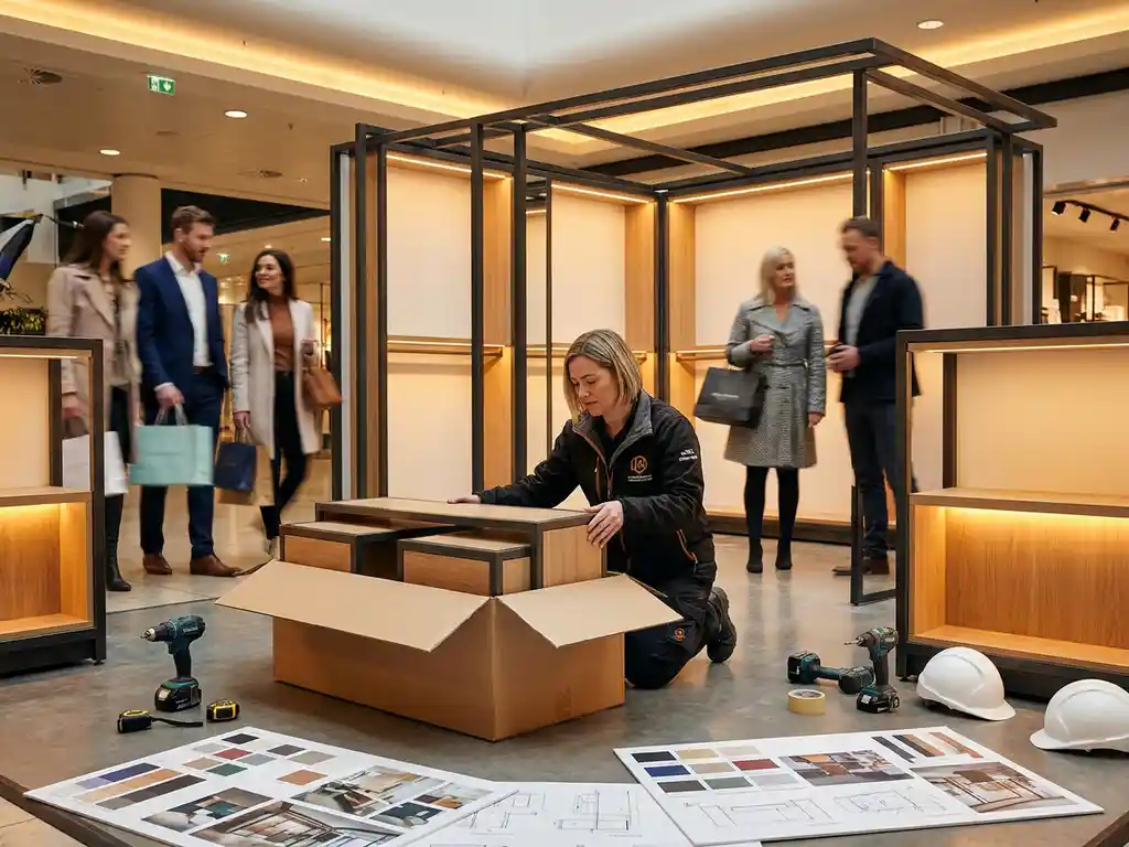 pop-up-winkel-opbouw-winkelcentrum.jpg Merkambassadeur pakt modulaire displayunits uit in half-opgebouwde pop-upwinkel in druk winkelcentrum, omringd door gereedschap en moodboards.