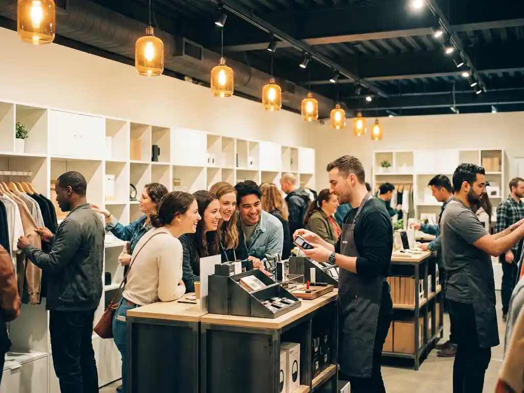 Drukke pop-upwinkel met shoppers die producten verkennen terwijl een brand ambassador een live demonstratie geeft onder warm retailverlichting.