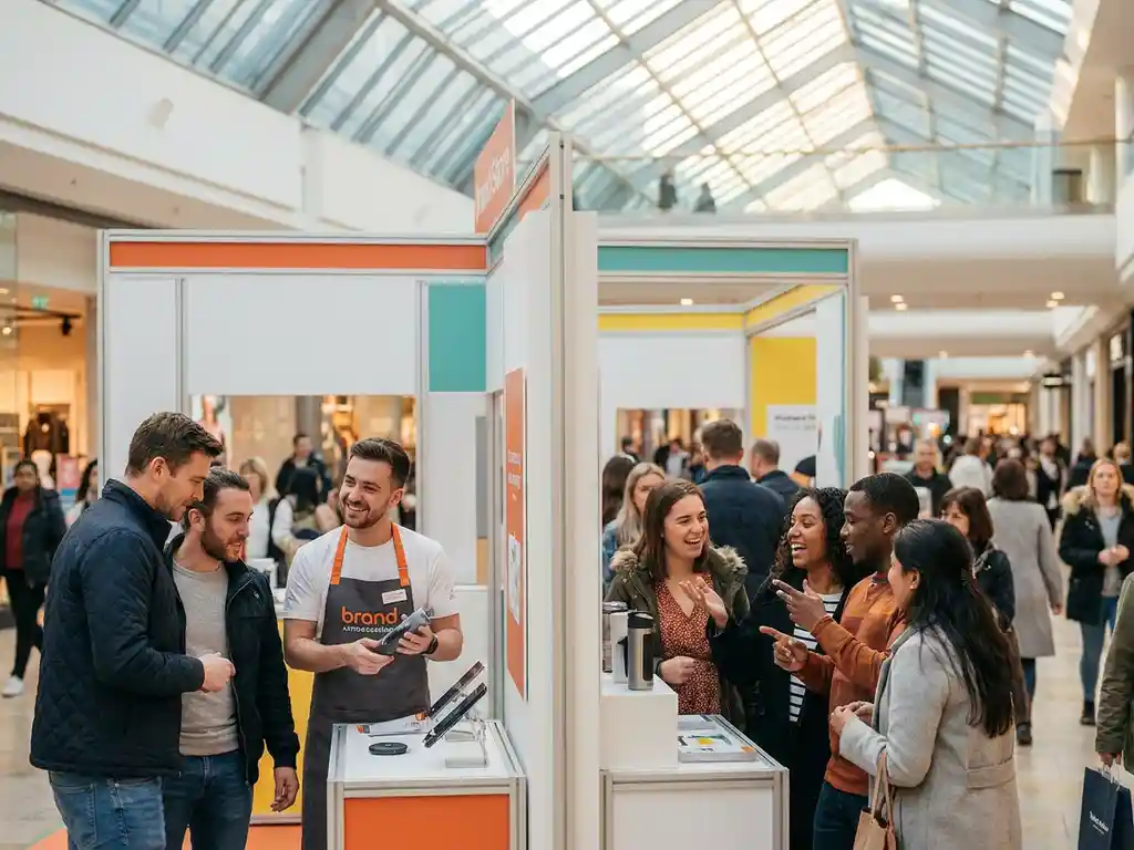 Drukke pop-upstore in modern winkelcentrum met brand ambassadeurs die producten demonstreren aan nieuwsgierige shoppers onder atriumskylight.