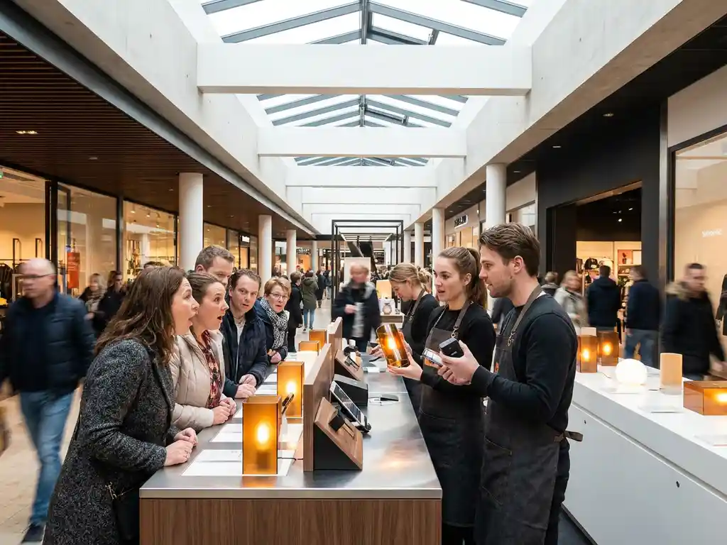 pop-up-winkel-shoppers-merkambassadeurs.jpg Drukke pop-upstore in Nederlands winkelcentrum met shoppers die producten bekijken bij brand ambassadors, warm daglicht door dakramen.