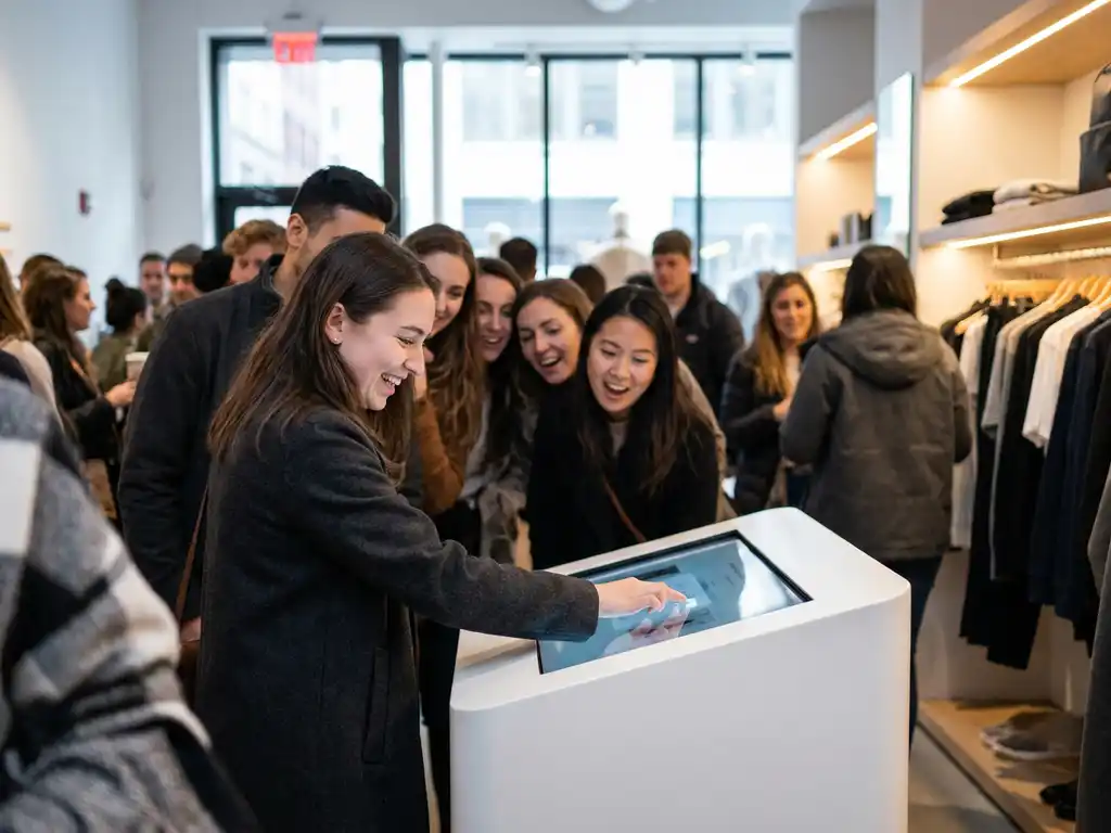 Jonge vrouw raakt product aan in drukke pop-up store, omringd door nieuwsgierige shoppers bij een moderne experiential display.