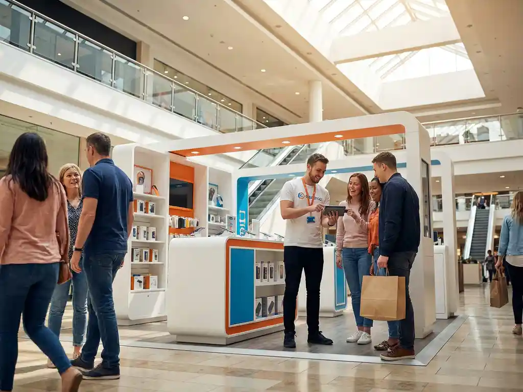 pop-up-winkel-winkelcentrum-merkambassadeur.jpg Merkambassadeur demonstreert product aan geïnteresseerde shoppers bij tijdelijke pop-upwinkel in modern winkelcentrum met atriumlicht.