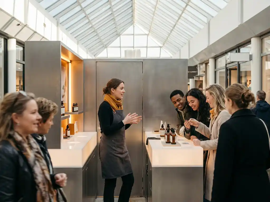 Merkambassadeur demonstreert producten aan shoppers bij een mobiele pop-upstore in een Nederlands winkelcentrum met glazen atrium.