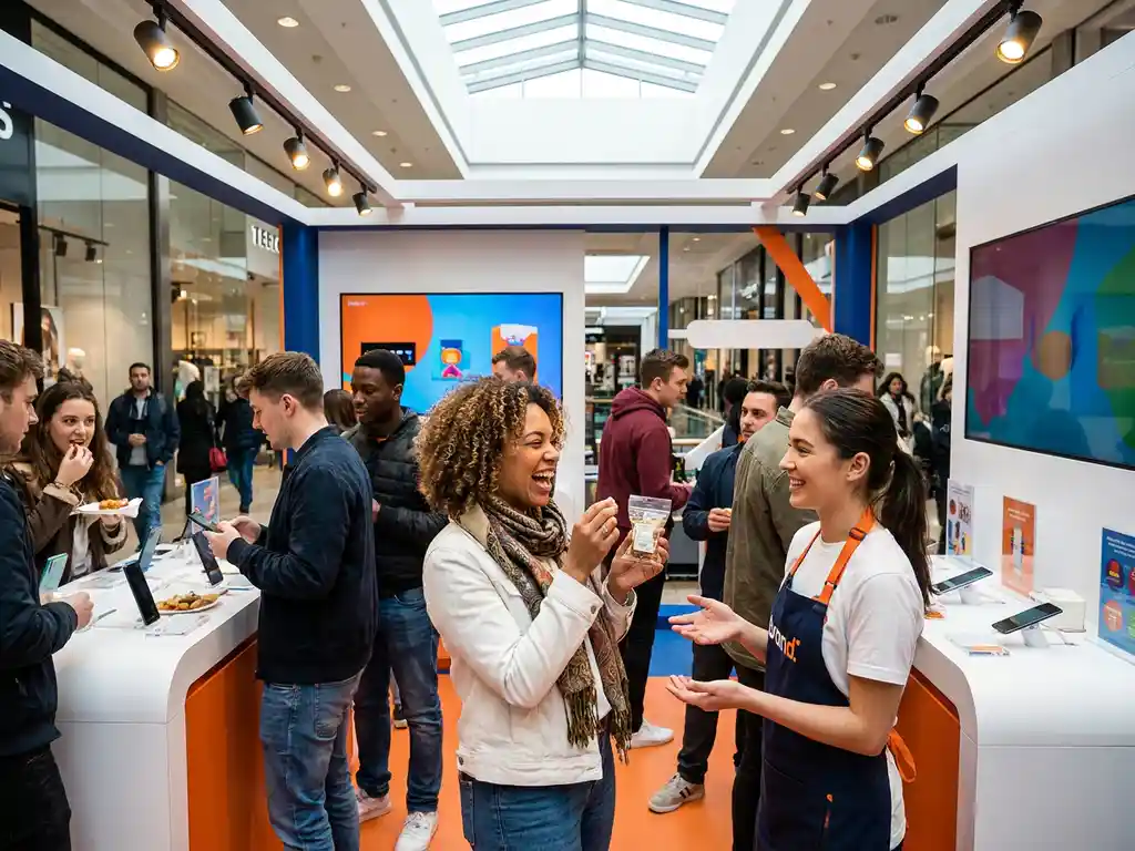 popup-winkel-shoppers-merkbeleving-retail.jpg Jonge shoppers testen producten bij een drukke pop-upstore in modern winkelcentrum, vrouw lacht met sample in hand.