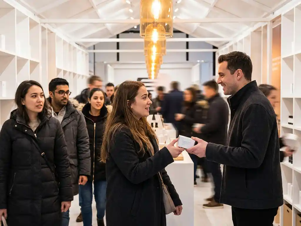 pop-up-winkel-merkambassadeur-productsampling.jpg Merkambassadeur overhandigt productmonster aan jonge vrouw bij drukbezochte pop-upstore met warm sfeerverlichting.