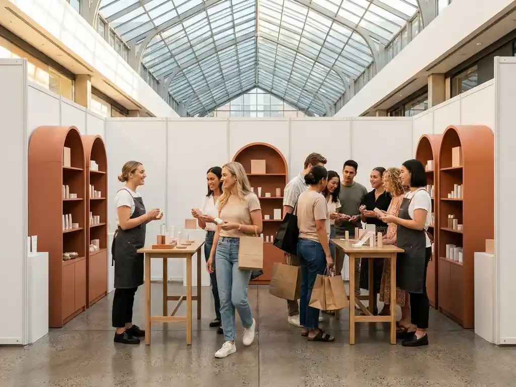 pop-up-winkel-shoppers-merkambassadeurs.jpg Pop-upwinkel in modern winkelcentrum met merkambassadeurs die producten demonstreren aan nieuwsgierige shoppers onder glazen plafond.