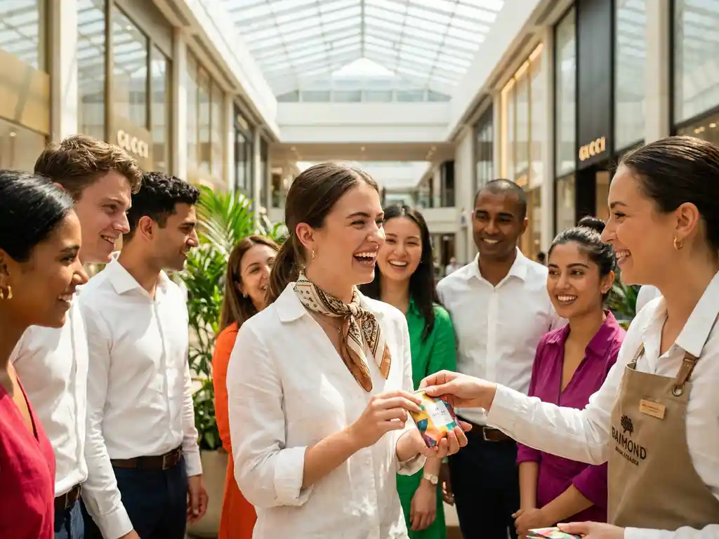 Jonge vrouw lacht terwijl ze een productmonster ontvangt bij een pop-up activatie in een winkelcentrum.