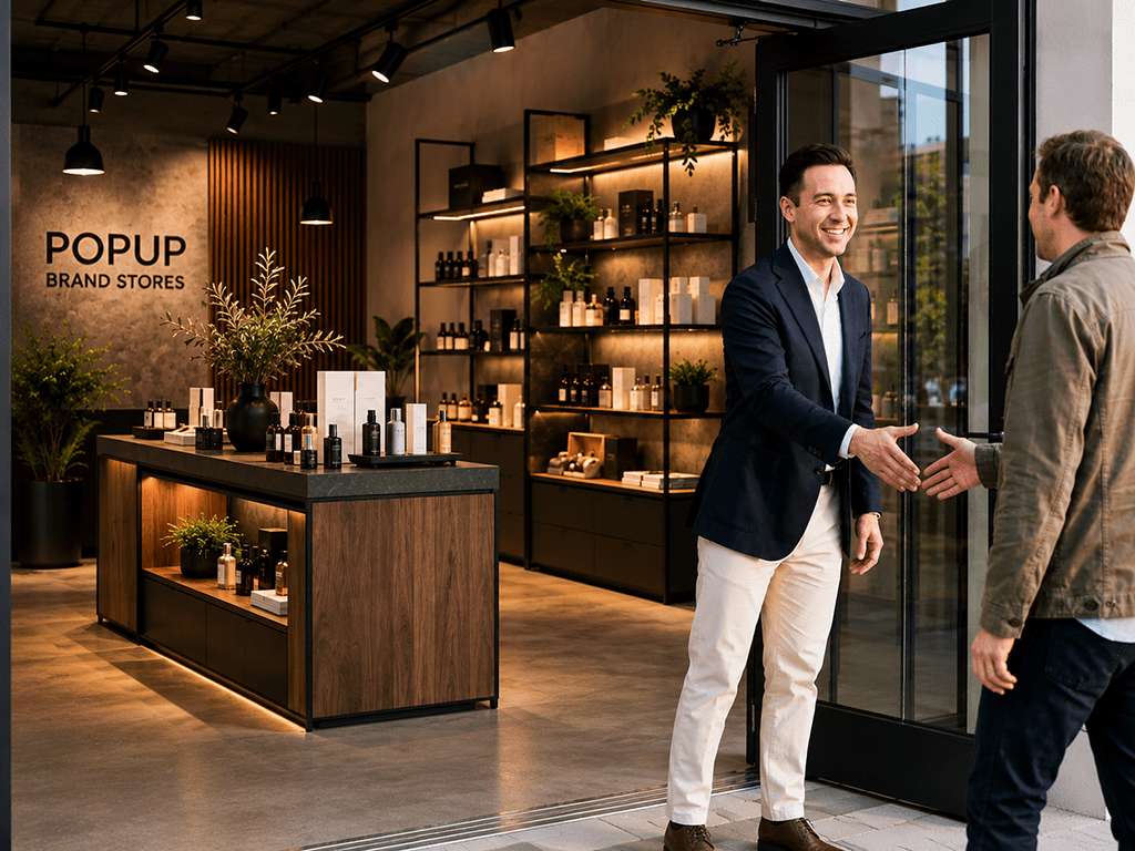 Merkambassadeur in blazer verwelkomt bezoeker bij ingang van pop-upwinkel met warme verlichting en elegante productdisplays op de achtergrond.