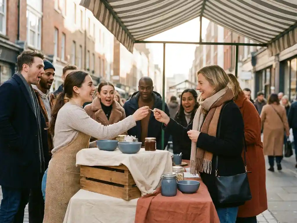 straatverkoop-ondernemer-handgemaakt-product-markt.jpg Jonge ondernemer deelt zelfgemaakt product uit aan voorbijgangers bij een straatkraam, nieuwsgierige menigte, warm daglicht op winkelstraat.