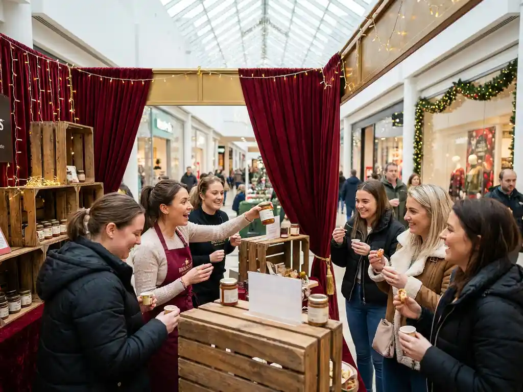 Merkambassadeur demonstreert seizoensproducten aan enthousiaste shoppers bij feestelijke pop-up stand in druk winkelcentrum.