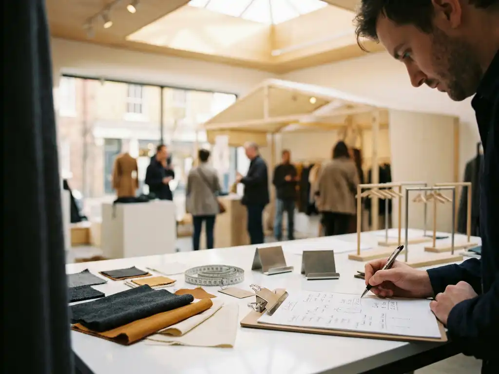 budget-planning-popup-winkel-beheer.jpg Retailmanager schetst budgetoverzicht op klembord, omringd door stoffen, displayrekken en meetlint op witte plantafel, pop-upwinkel op achtergrond.