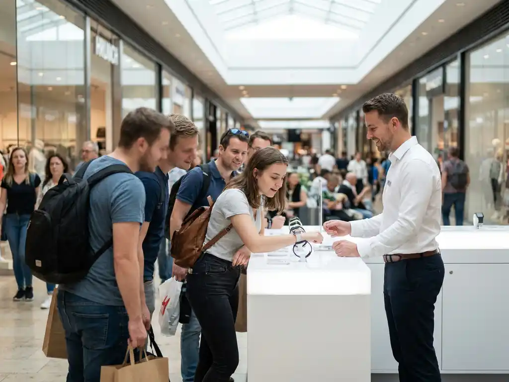 Jonge vrouw test product bij strak pop-up stand in druk winkelcentrum, begeleid door enthousiaste brand ambassador.