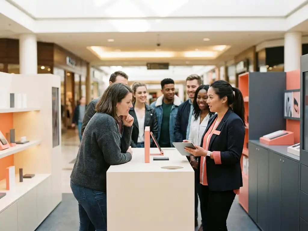 Shopper bij pop-up store luistert aandachtig terwijl brand ambassador vragen stelt op tablet, kleine menigte op de achtergrond.