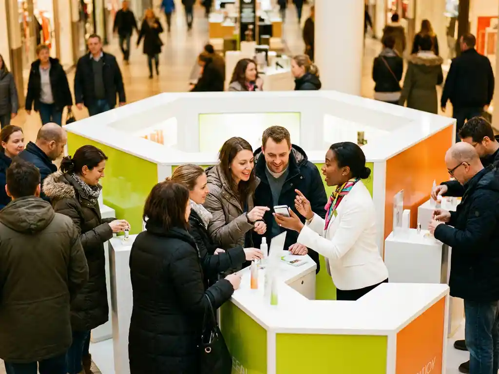 Merkambassadeur demonstreert product bij pop-up activatie in druk winkelcentrum, bezoekers leunen nieuwsgierig in en glimlachen.