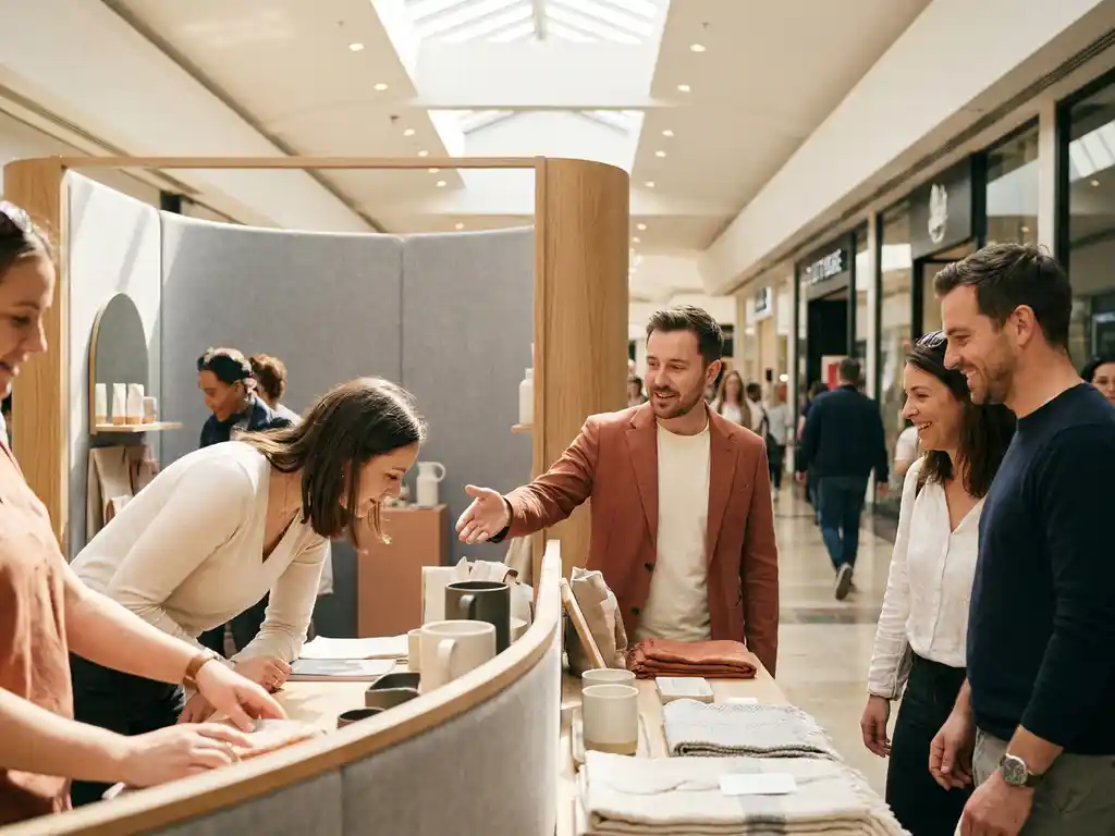 Merkambassadeur demonstreert producten aan winkelend publiek in drukke winkelpassage met tijdelijke pop-upstand en terracotta accenten.