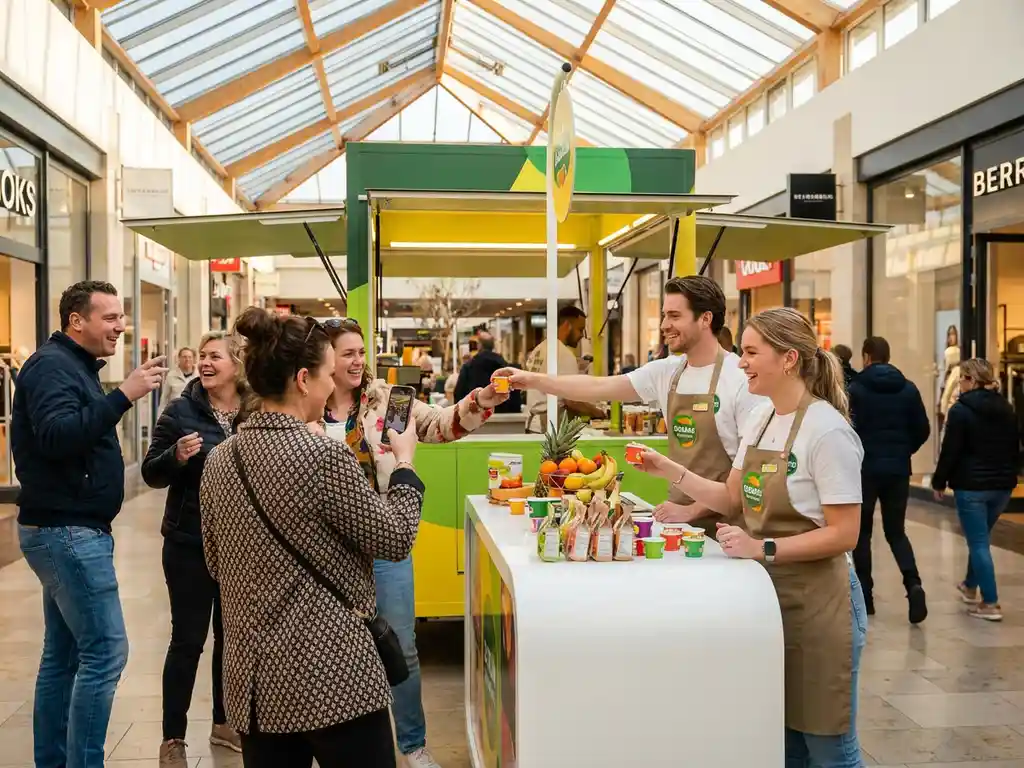 Merkambassadeurs delen samples uit bij een pop-up activatie in een Nederlands winkelcentrum, nieuwsgierige shoppers vormen een spontane menigte.