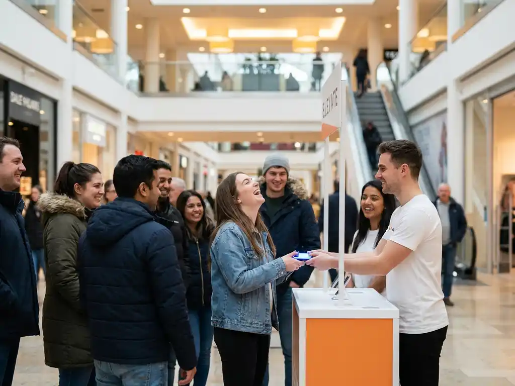 merkactivatie-winkelcentrum-productervaring-ambassador.jpg Lachende vrouw test product bij merkactivatie in druk winkelcentrum, omringd door nieuwsgierige voorbijgangers en enthousiaste brand ambassador.
