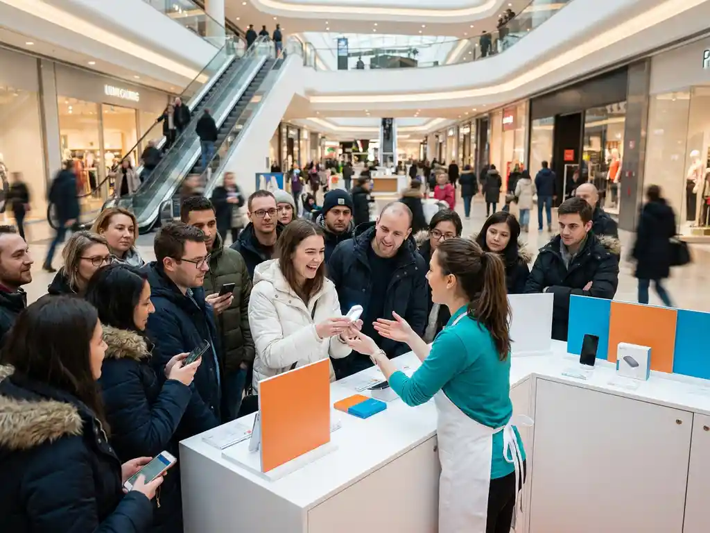 merkactivatie-popup-winkelcentrum-consument.jpg Lachende vrouw test product bij pop-up merkactivatie in druk winkelcentrum, omringd door nieuwsgierige consumenten en enthousiaste brand ambassador.