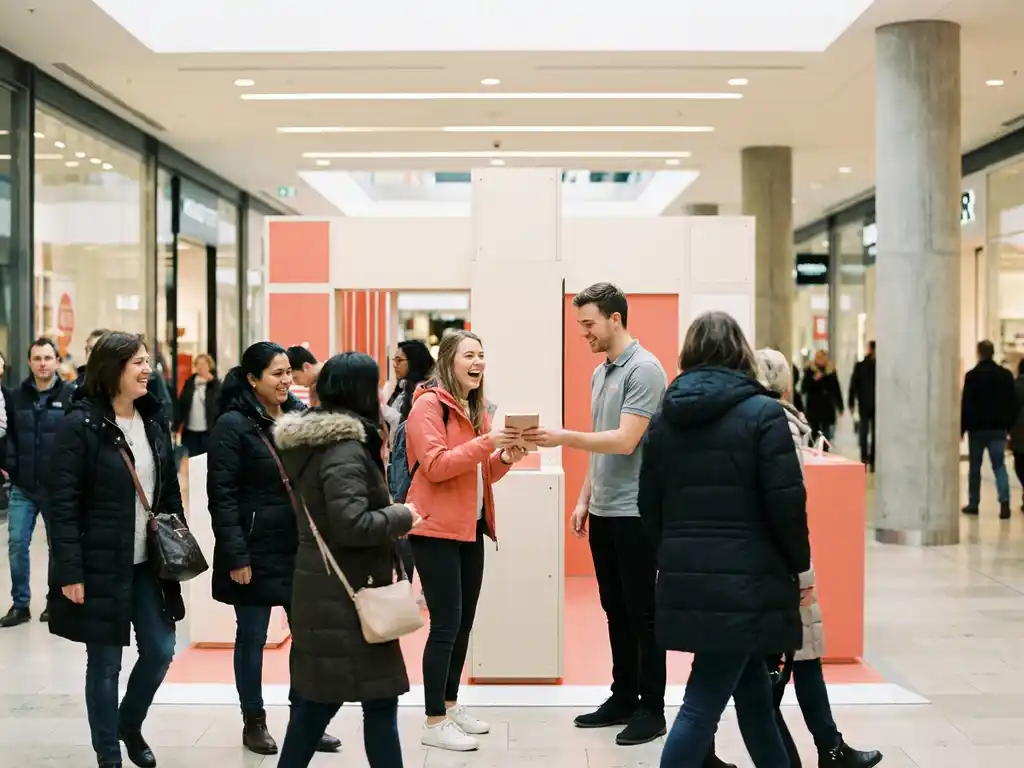 merkactivatie-winkelcentrum-consument-beleving.jpg Jonge vrouw lacht tijdens productdemonstratie bij pop-up brand activation in druk winkelcentrum atrium.