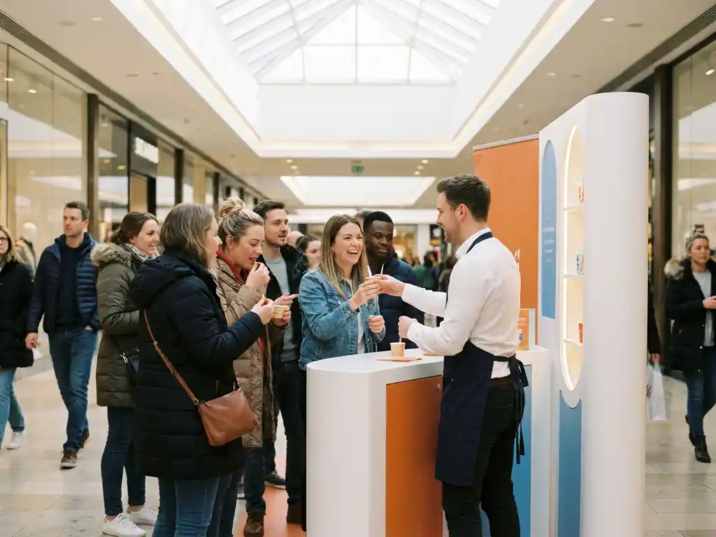 Merkambassadeur deelt samples uit aan bezoekers bij een pop-up activatie in een druk winkelcentrum met natuurlijk daglicht.