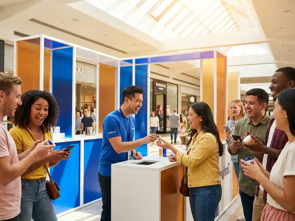 winkelcentrum-popup-activatie-merkambassadeur-shoppers.jpg Merkambassadeur demonstreert producten aan winkelende bezoekers tijdens een levendige pop-up activatie in een modern winkelcentrum.
