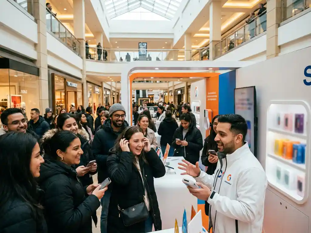 Merkambassadeur demonstreert product aan bezoeker bij pop-up activatiebooth in druk winkelcentrum, omringd door nieuwsgierige consumenten.