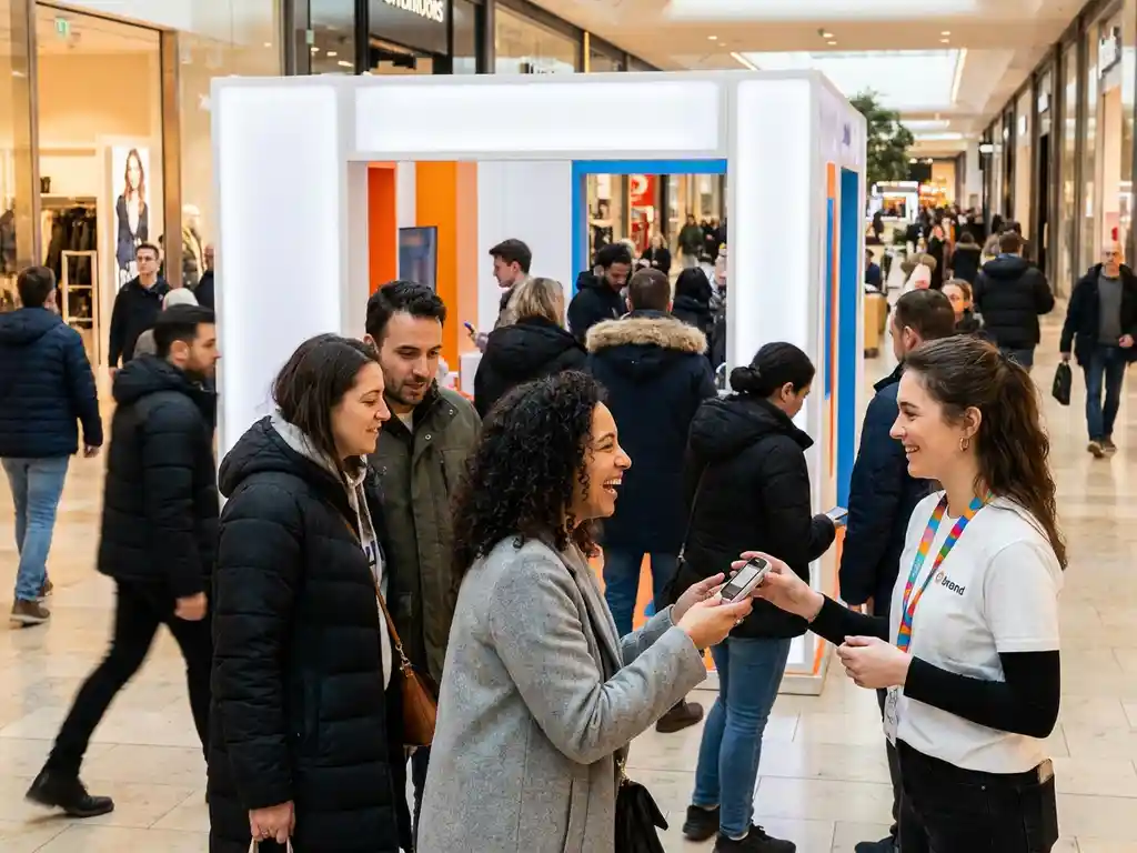 merkactivatie-winkelcentrum-consumenten-beleving.jpg Lachende vrouw test product bij pop-up activatie in druk winkelcentrum, omringd door nieuwsgierige voorbijgangers en enthousiaste brand ambassador.