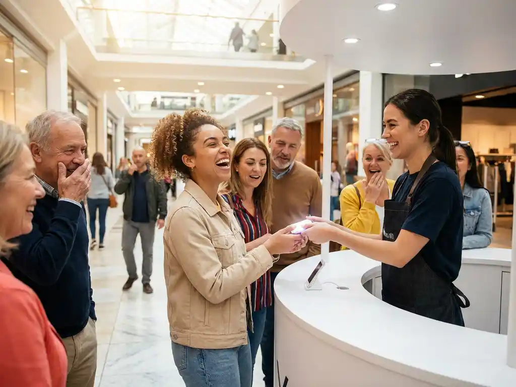 Lachende vrouw test product bij pop-up activatie in druk winkelcentrum, omringd door nieuwsgierige shoppers en enthousiaste brand ambassador.