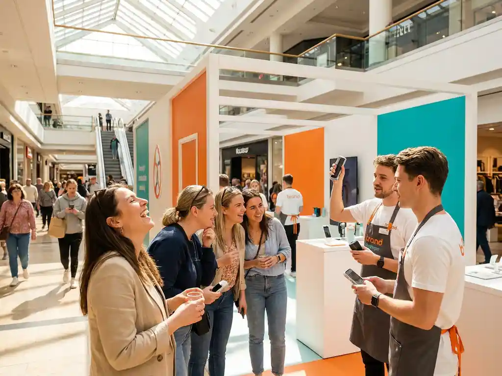 winkelcentrum-popup-activatie-merkambassadeurs.jpg Vrouw lacht tijdens productdemonstratie bij pop-up activatie in druk winkelcentrum, omringd door geïnteresseerde shoppers.