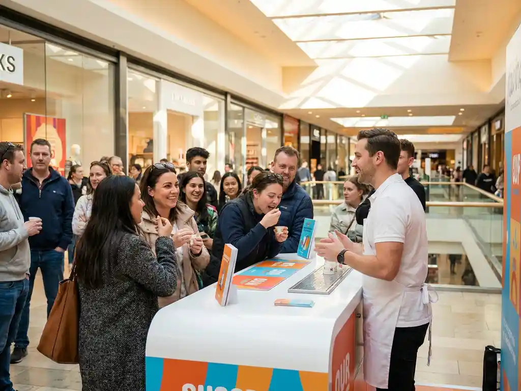 Merkambassadeur in gesprek met shopper bij pop-up sampling stand in druk winkelcentrum, omringd door nieuwsgierige voorbijgangers.