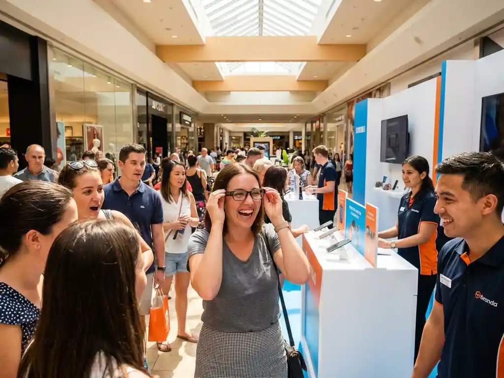 winkelcentrum-popup-activatie-shoppers-beleving.jpg Lachende vrouw bij pop-up activatie in winkelcentrum, omringd door nieuwsgierige shoppers en brand ambassadors onder atrium daglicht.