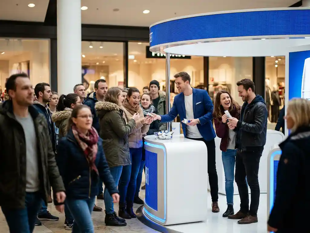winkelcentrum-popup-demonstratie-shoppers-merkambassadeur.jpg Merkambassadeur deelt samples uit aan nieuwsgierige bezoekers bij een pop-up productdemonstratie in druk winkelcentrum.