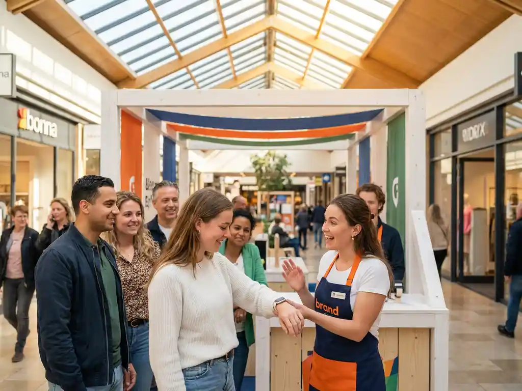winkelcentrum-popup-stand-shoppers-merkambassadeur.jpg Pop-up winkel in Nederlands winkelcentrum met shoppers die een product uitproberen begeleid door enthousiaste brand ambassador.