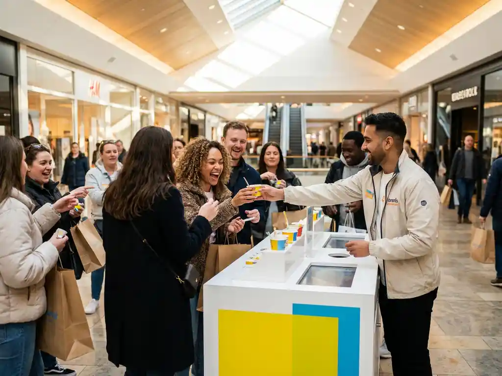 winkelcentrum-popup-stand-shoppers-beleving.jpg Menigte winkelende mensen rond een pop-updisplay in winkelcentrum, merkambassadeur deelt samples uit onder natuurlijk daglicht.