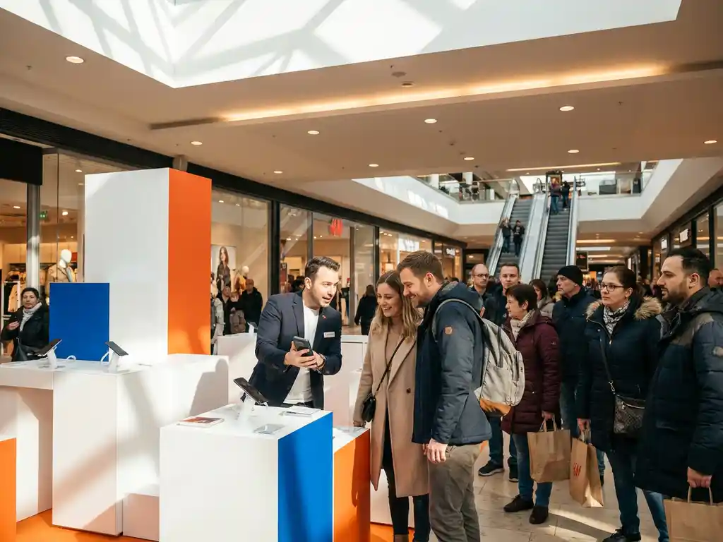 Merkambassadeur demonstreert product aan bezoekers bij drukbezocht pop-upstore in modern winkelcentrum.