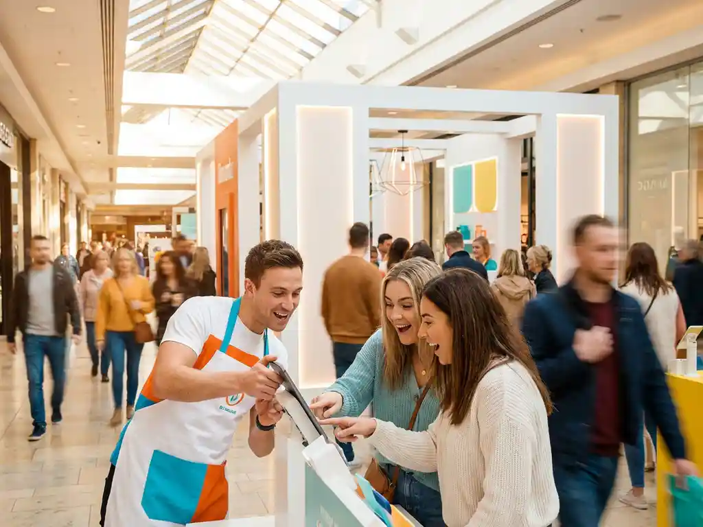 Merkambassadeur demonstreert producten aan bezoekers bij een pop-upstore in druk winkelcentrum met natuurlijk daglicht.