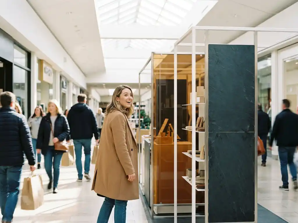winkel-popup-store-winkelcentrum-shopper.jpg Vrouw die nieuwsgierig stilstaat bij een strak pop-upwinkeltje in een druk winkelcentrum, natuurlijk daglicht via dakramen.