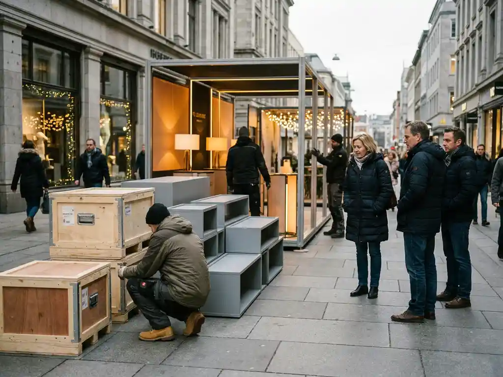 Logistiek coördinator naast gestapelde displayunits en transportkratten op druk stadsvoetpad, pop-upwinkel in opbouw op de achtergrond.