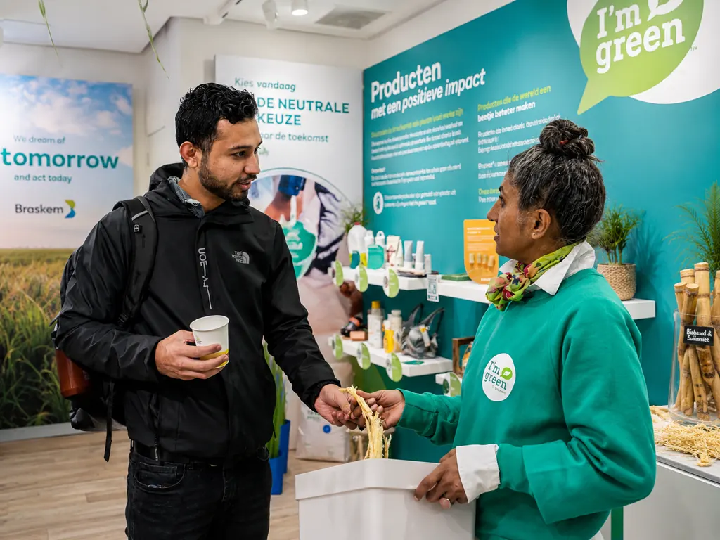Bezoeker ontvangt uitleg over duurzame en circulaire kunststofproducten tijdens de Braskem 'I'm Green' pop-up experience.