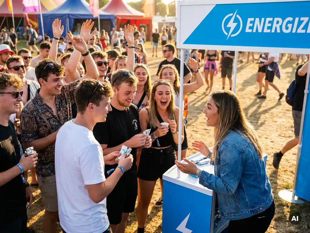 festival-crowd-merkactivatie-beleving.jpg Festivalgangers proeven producten bij een branded pop-up booth in de middagzon, met een lachende brand ambassador en levendige menigte.