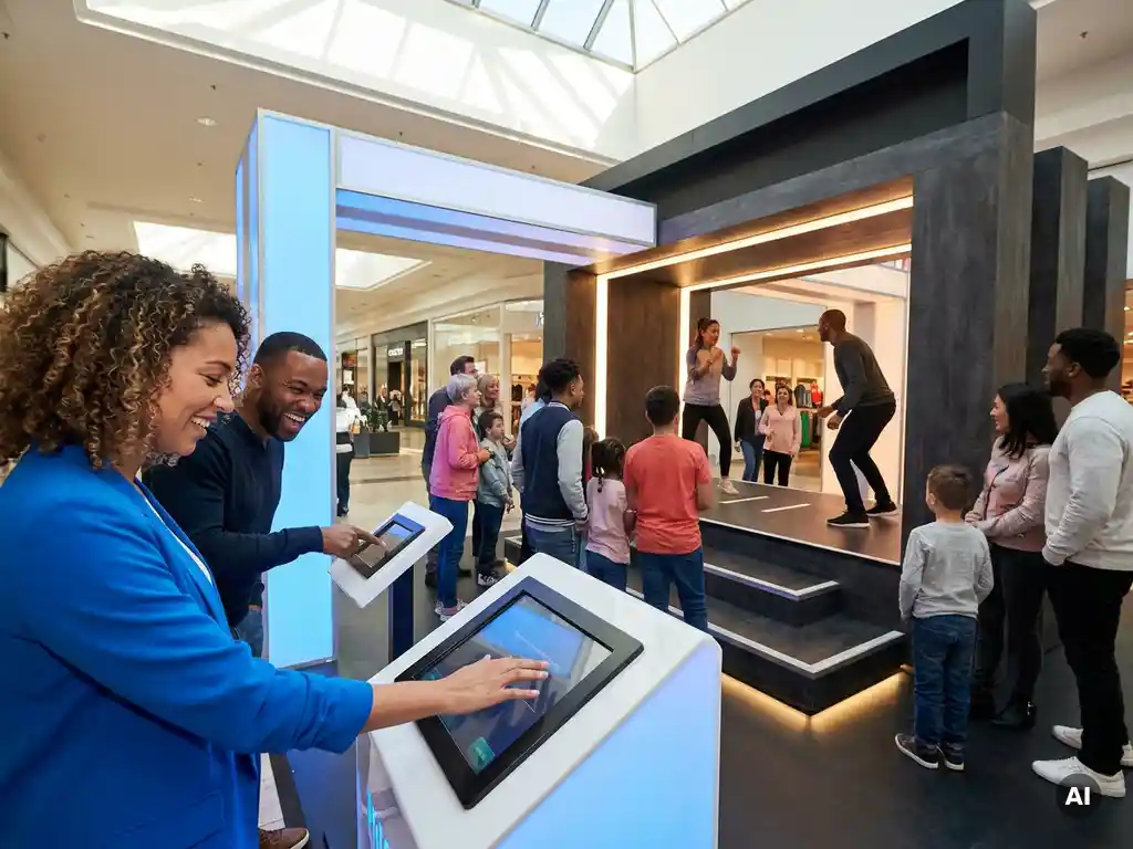 Bezoekers raken interactieve pop-up installatie aan in druk winkelcentrum, lachend tijdens productchallenge met elektrisch blauwe accentverlichting.