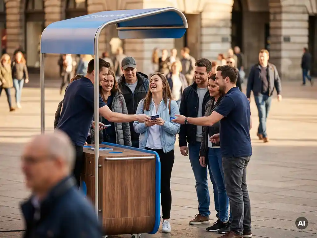 merkactivatie-stadsplein-productdemonstratie-buitenreclame.jpg Lachende vrouw test product bij tijdelijke brand activation op zonnig stadsplein, omringd door nieuwsgierige voorbijgangers.
