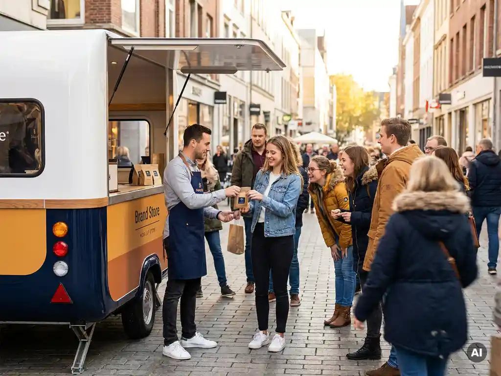 Merkambassadeur deelt productsamples uit bij mobiele pop-upstore op drukke winkelstraat, omringd door nieuwsgierige shoppers.