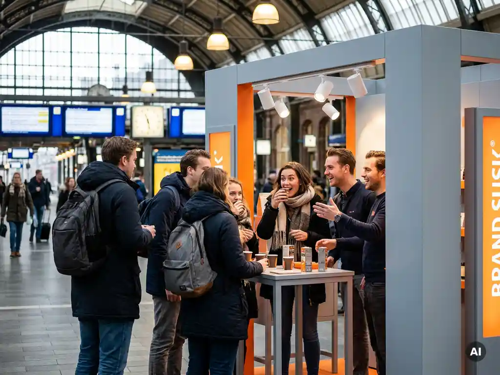 pop-up-stand-station-merkevenement.jpg Reizigers bij een pop-upkiosk in een druk Nederlands treinstation, omringd door merkambassadeurs die producten laten proeven.