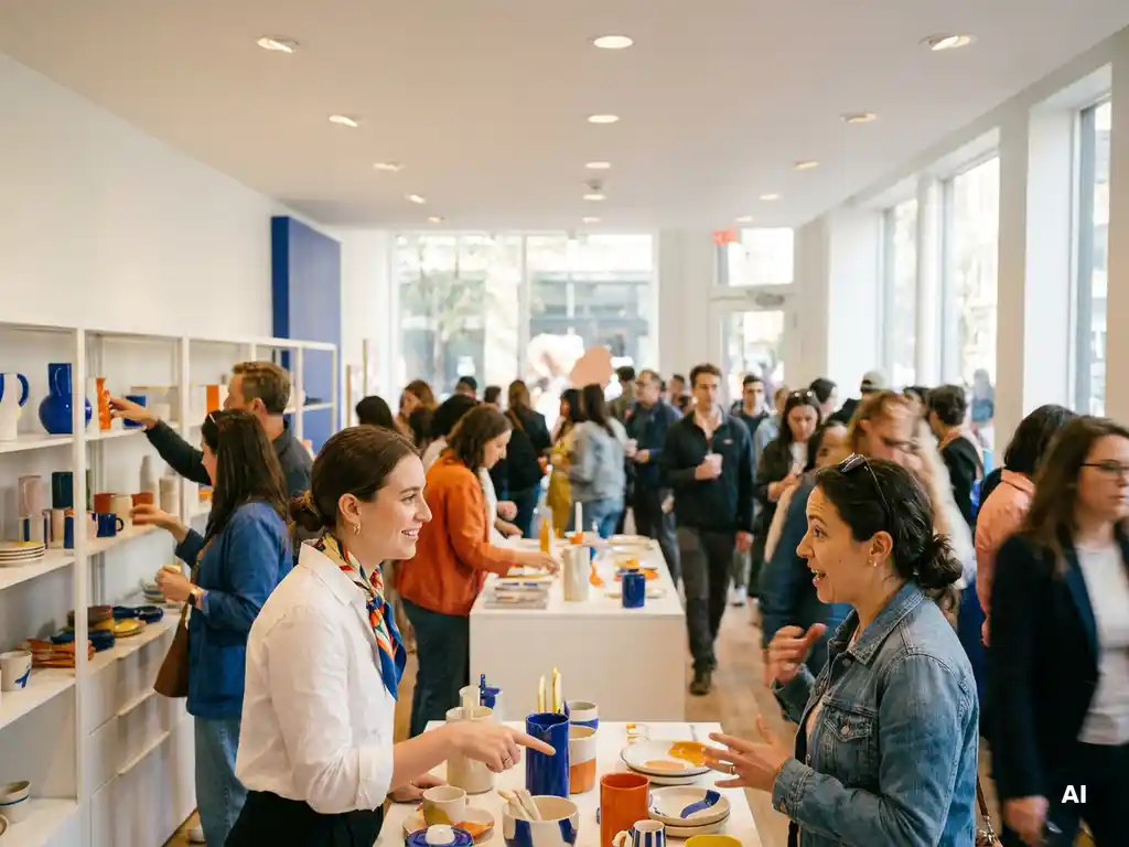 pop-up-winkel-bezoekers-merkambassadeur.jpg Merkambassadeur in gesprek met bezoeker in drukke pop-up store met witte inrichting en levendige sfeer.