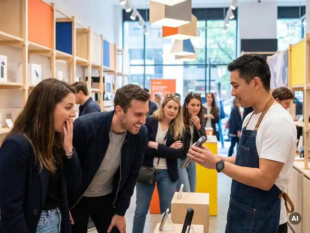 pop-up-winkel-merkambassadeur-shoppers.jpg Merkambassadeur demonstreert product aan geïnteresseerde shoppers in moderne pop-upwinkel met warme verlichting.