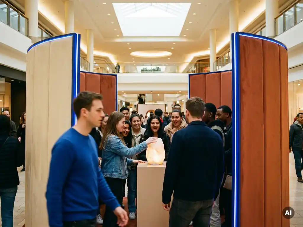 Jonge vrouw raakt product aan bij levendige pop-up winkel in druk winkelcentrum, omringd door nieuwsgierige shoppers.