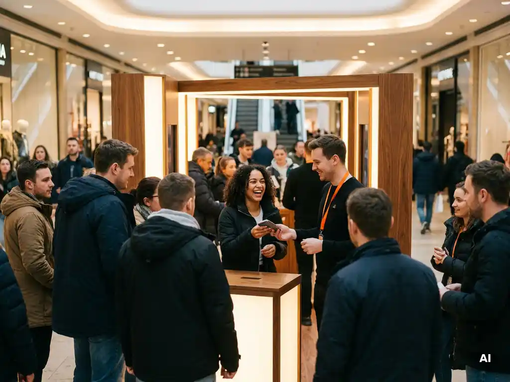 merkactivatie-winkelcentrum-consument-ervaring.jpg Lachende vrouw test product bij pop-up activatie in druk winkelcentrum, omringd door nieuwsgierige bezoekers en enthousiaste brand ambassador.