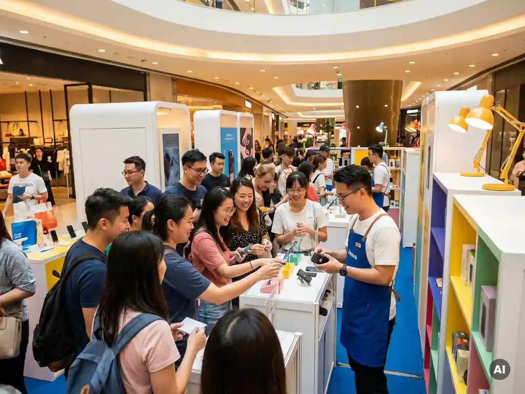 pop-up-winkel-productdemonstratie-shoppers.jpg Pop-upwinkel in winkelcentrum met merkambassadeur die enthousiaste menigte een productdemonstratie geeft.