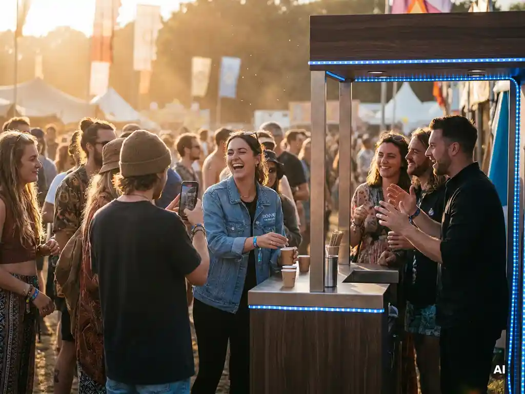 merkactivatie-festival-bezoekers-gouden-uur.jpg Festivalbezoekers proeven producten bij een brand activation booth tijdens gouden-uurlicht, terwijl een ambassador in gesprek is met een groep.